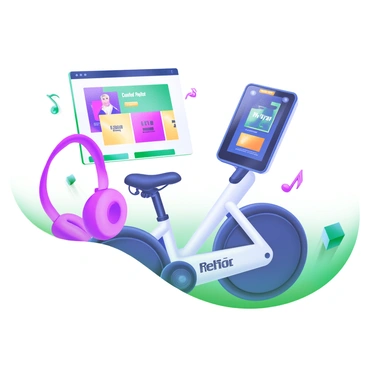 A modern pastel illustration featuring a "Peloton" bike positioned prominently in the center. The bike has a sleek design and is equipped with a large screen. On the screen, there are vibrant graphics displaying a "Curated Playlist" from a music streaming service, with colorful album covers and track titles. Surrounding the bike are subtle musical notes and a pair of wireless headphones, creating a lively atmosphere that emphasizes the connection between fitness and music.