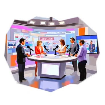 A modern newsroom filled with several reporters actively broadcasting live news. The reporters are standing at a sleek desk with microphones in front of them. They are dressed in formal attire, each displaying a focused expression as they deliver the news. Behind them, multiple large screens display various visuals, including breaking news headlines, images, and live footage. The newsroom is well-lit, with a contemporary design that enhances the professional atmosphere of the setting.