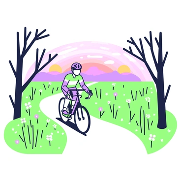 A cyclist is riding along a scenic path surrounded by lush vegetation. The cyclist is wearing a helmet and colorful cycling gear. The path winds gently through tall grass and wildflowers, leading towards a horizon where the sun sets. The sky is filled with vibrant hues, fading from orange to deep purple. Silhouetted against the sunset, tree branches extend gracefully on both sides of the path, creating a natural frame for the scene. The cyclist appears focused and determined as they pedal forward, enjoying the beauty of the moment.