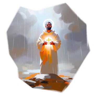 Job standing strong amidst a storm, holding tight to his faith symbolized by a glowing symbol
