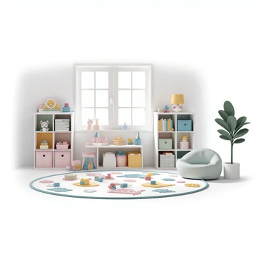 A bright playroom with white walls and large windows allowing sunlight to stream in. The floor is covered with a colorful rug featuring shapes and patterns. All toys are neatly organized on shelves, with a variety of stuffed animals, building blocks, and board games visible. In one corner, there is an art station with a small table, colorful crayons, paints, and sheets of paper scattered around. On the opposite side, a cozy reading nook is set up with a soft bean bag chair and a small bookshelf filled with children's books. A tall potted plant sits next to the reading nook, adding a touch of greenery to the room.