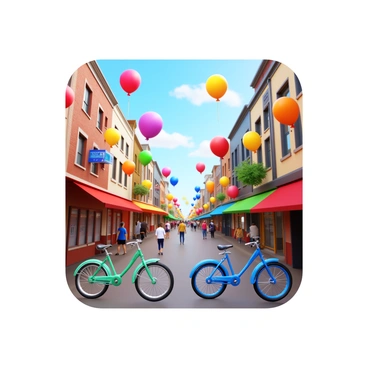 A collage of various illustrations like bicycles and balloons over a photo of a lively street.