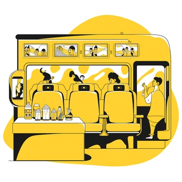 The interior of a tour bus featuring rows of comfortable seats with seatbelts. Overhead, there are multiple screens mounted, displaying various movie scenes. The screens glow softly, casting light on the surroundings. A snack bar is located at the front of the bus, stocked with bags of popcorn, candy bars, and soft drinks. Passengers can be seen enjoying snacks and watching the movies, with a sense of entertainment and relaxation filling the space. The bus windows show hints of the outside scenery, adding to the travel atmosphere.
