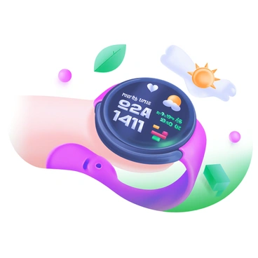 A smart watch displaying health data and weather updates in a sleek design