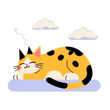A Bengal cat with a distinctive coat of orange and black spots is peacefully sleeping. Its eyes are closed, and it is curled up on a soft, fluffy cushion. Above the cat's head, there are fluffy white clouds swirling gently, creating a whimsical atmosphere. The clouds are cartoonishly fluffy and have a slight glow, suggesting a dreamlike quality. The background is a soft pastel blue, enhancing the serene scene.