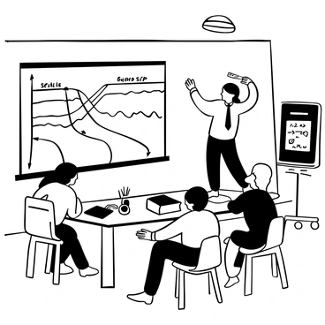 A lecturer standing beside a large diagram illustrating a "reverse dip-slip fault." The diagram features distinct geological layers with arrows indicating the direction of movement. The classroom is filled with desks, some occupied by attentive students taking notes. The lecturer is pointing towards the diagram with one hand, while the other hand is raised, emphasizing a key concept. Various geological tools and textbooks are spread across the lecturer's desk in the foreground. A chalkboard shows additional notes and diagrams related to geological formations.