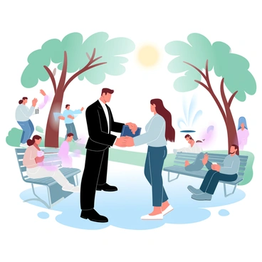 An agent in a sleek black suit stands near a park bench, his posture relaxed yet vigilant. He is subtly exchanging a briefcase with a contact wearing a casual grey jacket and dark jeans. The contact holds the briefcase tightly, glancing around to ensure they are not watched. Surrounding them are people enjoying the park; some are walking dogs, while others are sitting on benches, engrossed in conversations or reading books. Trees with lush green leaves provide a backdrop, and a small fountain can be seen in the distance, spraying water gently. The sun casts a warm light through the branches, creating a play of light and shadow on the ground.