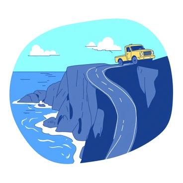 A yellow truck is driving along a narrow, winding cliffside road that hugs the edge of a steep rocky cliff. The road curves sharply, showcasing the drop to the vast blue ocean below. The ocean waves crash against the rocks, creating white foam. The truck's headlights are on as it navigates the turns, and the sunlight glints off its surface. In the background, a few fluffy white clouds can be seen in the clear blue sky, adding to the scenic view.