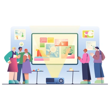 A digital projector is prominently positioned in the foreground, casting bright images onto a large screen. The screen displays vibrant digital illustrations featuring various colorful scenes and intricate designs. Surrounding the projector are a group of attentive people dressed in formal attire, gazing up at the artwork with expressions of admiration. The setting is elegantly decorated with soft lighting that enhances the atmosphere of the art awards show. There are tables nearby adorned with elegant centerpieces, and the walls are adorned with more artwork, showcasing the creativity of the participating artists.