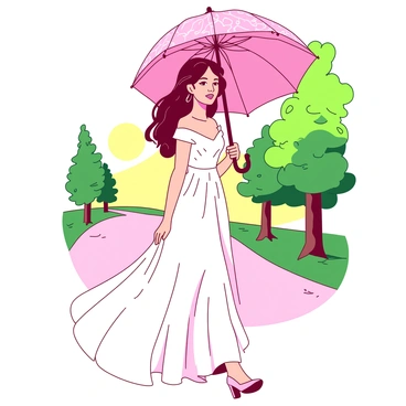 A bride in an elegant white wedding gown is holding a pink decorative parasol while walking gracefully on a sunlit path. The parasol features intricate lace patterns and casts delicate shadows on her dress. The sun shines brightly, illuminating her flowing hair that is styled in soft curls. Around her, there are vibrant green trees lining the path, complementing the serene ambiance of the scene. Her expression is one of joy as she walks, with the light fabric of her gown gently swaying with her movement.