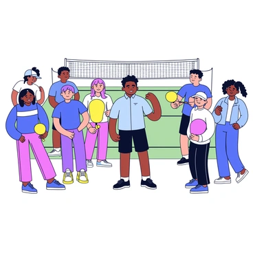 An instructor demonstrating proper pickleball techniques stands in a brightly lit gymnasium. The instructor is dressed in a light blue shirt and dark shorts, holding a pickleball paddle in one hand. Surrounding the instructor are a group of eager students, all wearing athletic clothing. Some students are watching intently while others are practicing their swings with paddles in hand. The gymnasium features a pickleball court marked with bright lines, and a few nets are set up in the background. The atmosphere is lively, with energy and focus evident on the students' faces.