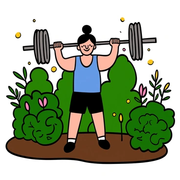 A person with light skin and short black hair is lifting a heavy barbell in a backyard garden. The individual is wearing a blue tank top and black shorts. They have a focused expression on their face as they engage in the lift. Surrounding them are various green plants and flowering bushes, providing a lush natural setting. Sunlight filters through the leaves, casting dappled shadows on the ground. The scene captures the harmony of fitness and nature.