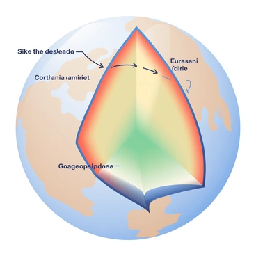 A detailed cross-section view of Earth's lithosphere is displayed, showcasing the various tectonic plates. The lithosphere is represented in shades of brown and beige, with distinct boundaries marking the edges of each tectonic plate. Various plates, such as the North American Plate and the Eurasian Plate, are depicted shifting past one another. Arrows indicate the direction of movement, showing divergence and convergence. Deep within the cross-section, the asthenosphere is visible in green, demonstrating the semi-fluid layer beneath the lithosphere. The overall composition highlights the dynamic nature of the Earth's structure, emphasizing the interaction between the tectonic plates.
