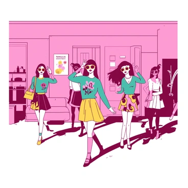 A pink room filled with lively figures dressed in bold patterned mini skirts. Some individuals are wearing bright teal tops with graphic designs, while others sport contrasting patterns in vibrant colors. One person is holding a yellow handbag, and another is wearing oversized round sunglasses. The atmosphere is filled with dynamic poses, as they strike various fashion poses in the center of the room, surrounded by colorful décor that reflects the 1960s mod aesthetic.