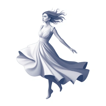 Anjelica is positioned in a dynamic pose, showcasing her flowing dress as it billows around her. The dress has long, sweeping fabric that catches the wind, creating a sense of movement and drama. Her hair is also lifted by the breeze, adding to the action of the scene. The background features a simple, unobtrusive setting that emphasizes her presence.