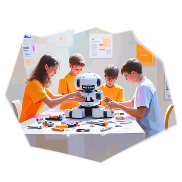 A group of students, three in total, are gathered around a table working on assembling a robot for a school competition. One student, a girl with curly hair, is carefully attaching a metallic arm to the robot's torso. Another student, a boy wearing glasses, is focused on connecting wires, his brow furrowed in concentration. The third student, a boy with short hair, is positioned at the edge of the table, holding a screwdriver and preparing to secure a part. The table is cluttered with various tools such as wrenches, screwdrivers, and pliers, alongside an assortment of robot parts including gears, motors, and circuit boards. The background shows posters for the competition pinned to the wall.