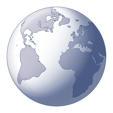 A spherical representation of the Earth. The globe prominently displays the continents and oceans. Each continent features distinct shapes and outlines, showcasing geographical features such as mountain ranges and river systems. The oceans are depicted with clear, flowing lines, illustrating their vast expanse surrounding the landmasses. The globe is oriented to highlight specific regions, allowing for a clear view of the continents in relation to one another.