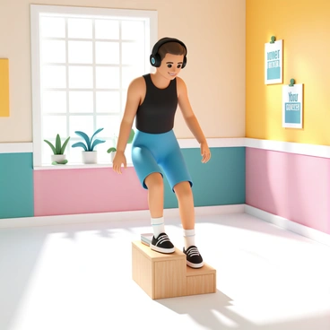 A person, wearing a black tank top and bright blue workout shorts, is performing step-ups on a sturdy wooden platform. They are wearing black headphones, focused on the rhythm of the music. The colorful room features walls painted in various vibrant hues, including bright yellow, teal, and pink. A large window allows sunlight to filter in, casting playful shadows on the floor. In the background, there are potted plants and motivational posters decorating the walls, enhancing the energetic atmosphere.