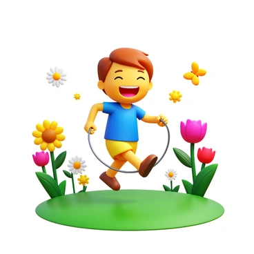 A child with a bright smile is joyfully skipping rope in a backyard. The child is wearing a colorful t-shirt and shorts. The rope is swinging in a rhythmic motion. The backyard is vibrant with a variety of flowers in full bloom, including daisies, sunflowers, and tulips. Green grass surrounds the area, and there are butterflies fluttering among the flowers.