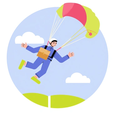 A skydiver wearing a blue jumpsuit and a white helmet is descending through the sky. The skydiver has a brown package securely strapped to their chest. Below, a green landscape with a clearly marked delivery site is visible, featuring a large white landing area. The sky is bright blue with a few fluffy white clouds scattered throughout. The skydiver has arms outstretched, and there are colorful parachute lines extending from the back, leading to a large colorful parachute fully deployed and billowing above.