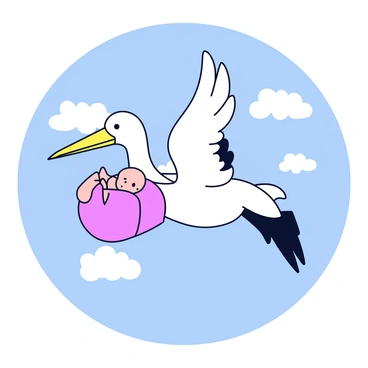 A cartoon stork with white feathers and a long, pointed beak flies in a bright blue sky. The stork is gripping a cloth bundle with its beak, which contains a small, wrapped baby. The baby is swaddled in soft, light pink fabric. Wispy clouds are scattered in the background, adding a playful touch to the scene.