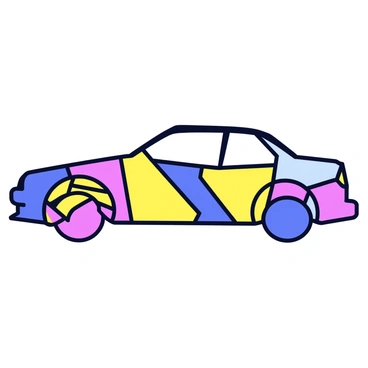 A car outline created from various fragmented abstract shapes. The outline features sharp angles and geometric forms, each segment displaying a different color or pattern. The overall shape of the car is recognizable but is visually broken into disjointed pieces, giving it a unique and dynamic appearance.