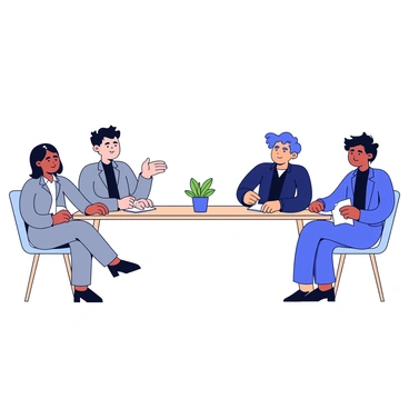 Three interviewers sit across a rectangular table. Each interviewer is dressed in a professional outfit, with one wearing a grey suit, another in a navy blazer, and the third in a black dress shirt. They have notepads and pens in hand, intently focused on the candidate. The first interviewer is leaning slightly forward, asking a question, while the second and third are writing notes. A small potted plant sits in the center of the table, adding a touch of greenery to the scene.