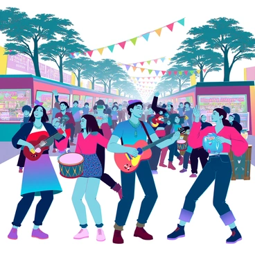 A vibrant street festival with a bustling crowd enjoying the festivities. Musicians play lively instruments such as guitars, drums, and brass horns, creating an energetic atmosphere. People are dancing joyfully, wearing colorful attire that includes bright dresses, patterned shirts, and accessories like hats and beads. Colorful banners and decorations adorn the street, while food stalls serve a variety of dishes. In the background, there are trees and buildings, all filled with the sounds and sights of celebration.