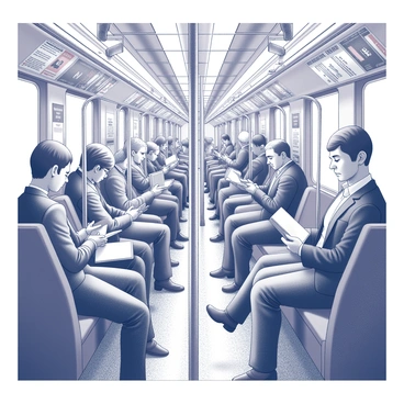 An interior view of a subway car filled with passengers. The car is crowded with diverse individuals, including a business person in a suit, a student with a backpack, and an elderly person holding onto a pole. People are engaged in various activities, such as reading books, looking at their smartphones, and chatting with one another. The subway car features metal poles and overhead handles, with advertisement posters attached to the walls. The lighting inside the car is bright, highlighting the expressions of the busy commuters. The floor is covered in a patterned material, and there are signs indicating the next stations.