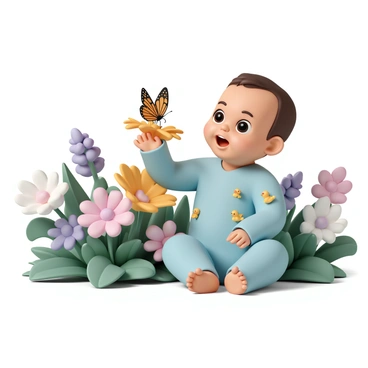 A curious baby, wearing a light blue onesie with small yellow ducks, is sitting in a lush green garden filled with colorful flowers. The baby has wide, bright eyes filled with wonder as they reach out towards a delicate orange and black butterfly perched on a vibrant yellow flower. The butterfly's wings are gently fluttering, and the sunlight highlights the intricate patterns on its wings. Surrounding the baby are various flowers in shades of pink, purple, and white, along with lush green leaves that create a lively and inviting atmosphere. The baby’s small hand is extended towards the butterfly, showcasing a sense of fascination and curiosity.