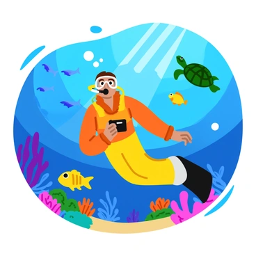 A diver in a bright wetsuit is exploring a vibrant underwater world filled with colorful coral reefs. The diver has a clear mask and holds a small underwater camera, capturing the beauty of the scene. Surrounding the diver are various species of fish, including a school of small blue fish and a larger yellow fish swimming nearby. Bubbles rise from the diver's breathing apparatus, creating a playful effect. In the background, a majestic sea turtle glides gracefully past, while rays of sunlight filter through the water, illuminating the underwater landscape.