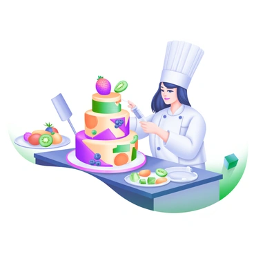 A chef wearing a white uniform and a tall chef's hat is carefully decorating a three-tiered cake. The cake is adorned with intricate geometric patterns crafted from colorful icing. Fresh fruits, such as strawberries, blueberries, and kiwi slices, are arranged in precise shapes, enhancing the visual appeal of the design. The chef is holding a piping bag, focused on adding delicate details to the cake's surface. Surrounding the cake are various baking tools, including a spatula, and a plate filled with additional fruit garnishes.
