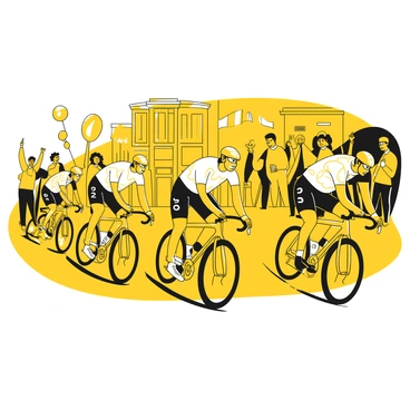 A group of competitive cyclists in dynamic poses riding their bicycles swiftly through a city street. Each cyclist wears a yellow helmet and tight-fitting cycling gear with numbers on their backs. The bicycles have sleek designs and thin tires. In the background, a crowd of enthusiastic spectators is visible, some waving flags and others holding up signs. The buildings lining the street are detailed and varied in architecture, contributing to the urban setting. The atmosphere is filled with energy as the cyclists navigate the course.