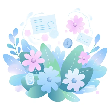 A garden filled with vibrant flowers, each petal transforming into shimmering coins. Among the blossoms, various financial products are creatively illustrated, such as stock certificates and graphs, neatly arranged among the foliage. The scene is bathed in soft, gradient pastel colors, enhancing the whimsical nature of the garden. A gentle breeze rustles through the leaves, bringing a sense of movement to the display of wealth and nature intertwined.