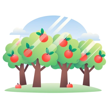 Five apple trees with green leaves are standing in a sunny orchard. The trees have sturdy brown trunks, and their branches are laden with bright red apples. The sunlight filters through the leaves, creating patches of light on the grass below. The ground is covered with soft green grass, and there are a few fallen apples scattered around the base of the trees. In the background, a clear blue sky with a few fluffy white clouds is visible.