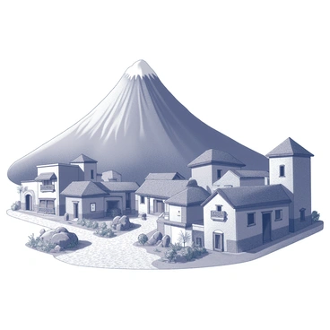 An ancient village situated at the base of a large, towering volcano. The village features historic architecture, including stone buildings with arched doorways and thatched roofs. Narrow cobblestone streets wind through the village, connecting various structures. Some buildings have intricately carved wooden balconies, while others display faded murals on their walls. The volcano looms in the background, its slopes covered with patches of greenery and scattered rocks. Small trees and shrubs are dotted around the village, adding to the rustic charm of the scene.
