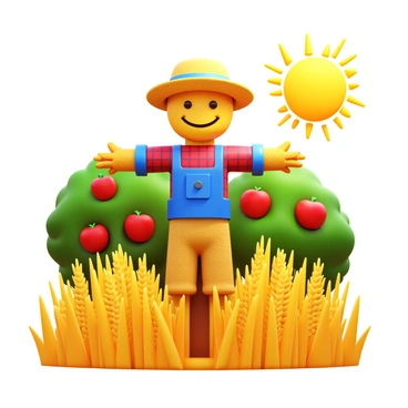 A scarecrow with a friendly smile made of burlap and straw. The scarecrow is wearing a colorful plaid shirt and a straw hat. It stands tall in the center of a golden wheat field. Surrounding the scarecrow are ripe, golden stalks of wheat swaying gently in the breeze. In the background, there are bushes with red apples peeking from their branches. The sun is shining brightly, illuminating the scene with a warm glow, creating a vibrant atmosphere.