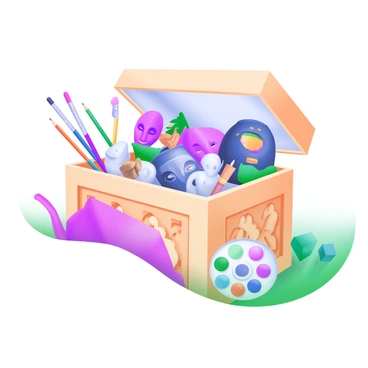 An illustration box filled with cultural artifacts and art supplies representing different countries and traditions.