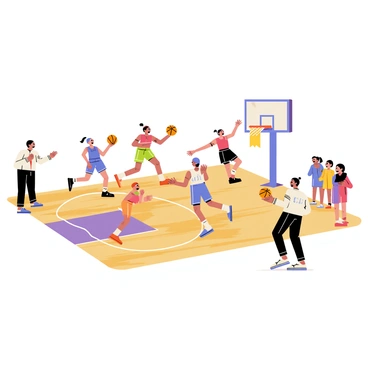 A competitive women's basketball game taking place on a polished wooden court. Players in colorful uniforms are engaged in intense action, with one player dribbling a bright orange basketball. Another player is jumping to block a shot, their muscles tensed and focused. On the sidelines, a coach is shouting instructions and a group of enthusiastic fans are cheering with vibrant banners. The scoreboard above displays the current score, adding to the competitive atmosphere.