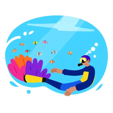 A scuba diver wearing a blue and yellow wetsuit is observing a school of colorful tropical fish swimming past a vibrant coral reef. The coral features an array of shapes and colors, including bright pink, orange, and purple. The school of fish includes small clownfish, angelfish, and parrotfish, all displaying their vivid patterns. Bubbles rise from the diver's breathing apparatus, creating a sense of movement in the clear water. Sunlight filters down from above, illuminating the scene with a shimmering effect.