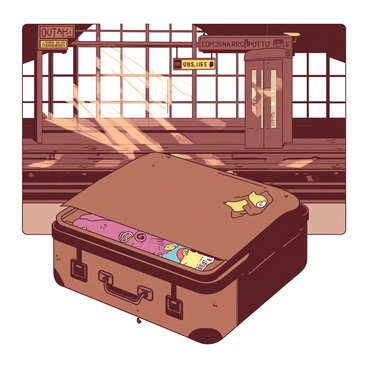 An old, weathered suitcase with brown leather exterior is resting on a platform at a train station. The suitcase is slightly open, revealing a hint of colorful fabric lining inside. Sunlight is streaming through the large windows of the train station, casting a warm glow on the suitcase, enhancing its inviting appearance. A few scattered travel stickers can be seen on the suitcase, hinting at past journeys. The polished wooden benches and vintage metal signs of the station provide a nostalgic background to the scene.