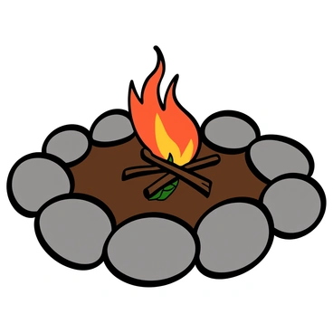 A circular arrangement of smooth, gray stones surrounds a neatly built fire. The stones vary slightly in size but are all uniform in shape, creating a natural boundary for the fire. Flames flicker brightly in the center, casting warm, orange light that dances around the stones. Some small twigs and dry leaves are placed carefully in the fire, providing kindling for the flames. The ground around the stones is bare, suggesting a well-used fire pit.