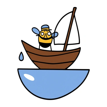 A fly with shiny black wings and a small sailor hat is standing confidently on a tiny wooden boat. The boat is equipped with a miniature sail flapping gently in the breeze. The droplet of water is clear and round, reflecting light, creating a shimmering surface. The background shows a soft gradient of blue, suggesting a sky, while the fly is looking ahead, focusing on the journey, with its large eyes wide open.