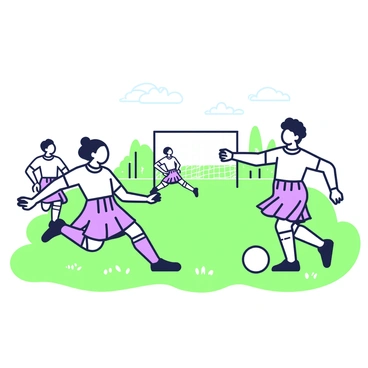 A group of friends is playing soccer in an open field. The players are wearing colorful kilts, which move dynamically as they run. One player is dribbling the ball with focused concentration, while another is preparing to defend. In the background, a third friend is sprinting towards the goal. Green grass covers the field, and a few trees can be seen in the distance. The sun casts distinct shadows, highlighting the players' movements as they engage in the game. Laughter and excitement fill the air as they enjoy their time together.