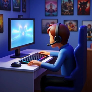 A gamer intensely focused on a computer screen, wearing a black headset with a built-in microphone. The gamer has short brown hair and is sitting in a comfortable gaming chair. The room is illuminated by the glow of the screen, casting a soft light on their face. The desk features a mechanical keyboard with colorful backlighting and a high-precision gaming mouse. Various gaming posters are visible on the walls, enhancing the immersive gaming atmosphere. The gamer is leaning slightly forward, showing concentration and excitement.