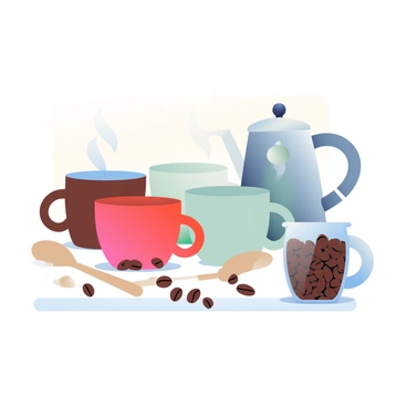 A collage featuring various coffee-related objects is arranged on a 20 x 30 illustration board. In the foreground, several ceramic coffee cups in different colors, including deep brown, bright red, and soft blue, are prominently displayed. Around the cups, scattered coffee beans are spread across the board, showcasing their rich, dark brown hues. There are also small wooden spoons made from light-colored wood placed near the cups. In one corner, a glass jar filled with whole coffee beans sits alongside a steaming coffee pot, releasing wisps of steam. The background is softly textured, enhancing the focus on the coffee items.