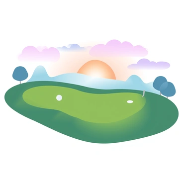 A golf course is set against a backdrop of a vibrant sunset, casting gradient pastel colors across the sky. In the foreground, lush green grass leads up to a hole at the top of a gently sloping hill. The flag at the hole is fluttering slightly, and shadows stretch long across the terrain. Silhouettes of trees line the edges of the course, and the sun is just above the horizon, creating a warm glow that bathes the landscape. The atmosphere is tranquil and inviting, with the overall scene captured in a harmonious blend of colors.
