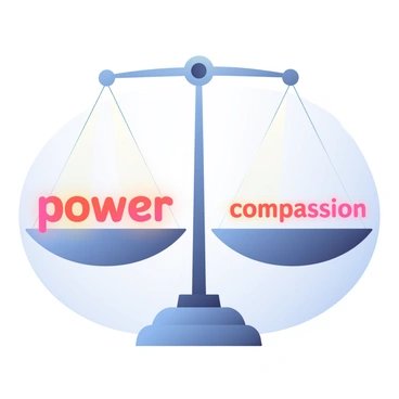 A balance scale is in the center of the image, with a sleek metallic finish. On the left side of the scale, the word "power" is prominently displayed in bold, capital letters, illuminated by a soft light. On the right side, the word "compassion" is also in bold, capital letters, but with a gentle glow that suggests warmth. The scale is perfectly balanced, with both words equally positioned. The background features a smooth gradient transitioning from deep blue at the top to soft lavender at the bottom, enhancing the focus on the scale and the words.