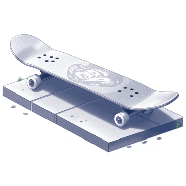 A skateboard deck with a smooth surface, displaying intricate patterns and details, is positioned flat on a sidewalk. The skateboard features a glossy finish that reflects light, enhancing its design. The sidewalk is textured, with a grid pattern created by concrete slabs, and there are subtle cracks and small pebbles scattered across its surface. Surrounding the skateboard, a few blades of grass peek through the concrete, adding a touch of nature to the urban environment. The entire scene is captured from a side angle, emphasizing the skateboard's shape and the texture of the sidewalk.