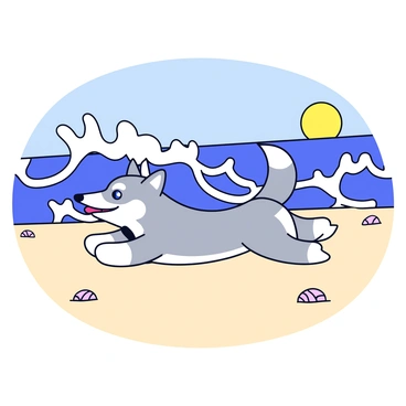 A husky with a thick, fluffy coat of grey and white fur is running along a sandy beach. The dog has bright blue eyes and its tongue is out in excitement. Nearby, clear blue waves are crashing onto the shore, sending up white foamy splashes. The sun is shining brightly, and there are small seashells scattered across the sand. In the background, the horizon meets the sky, creating a serene atmosphere.